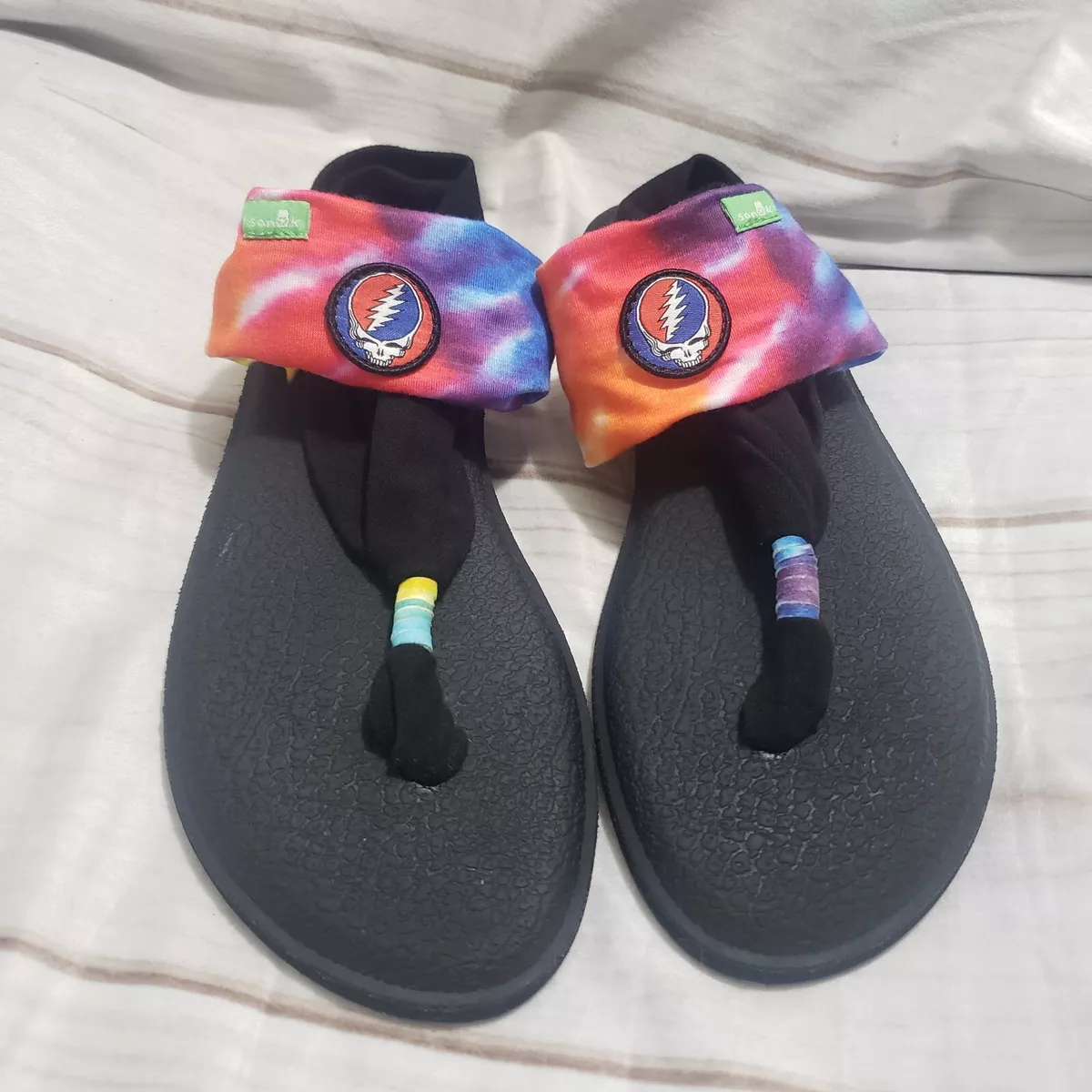 Sanuk Yoga Sling Grateful Dead Rainbow Tie Dye Flip Flop Sandals Womens  Size 9