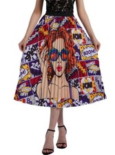 Vintage Comic Print Elastic Waist Pleated A-Line Midi Skirt Size L