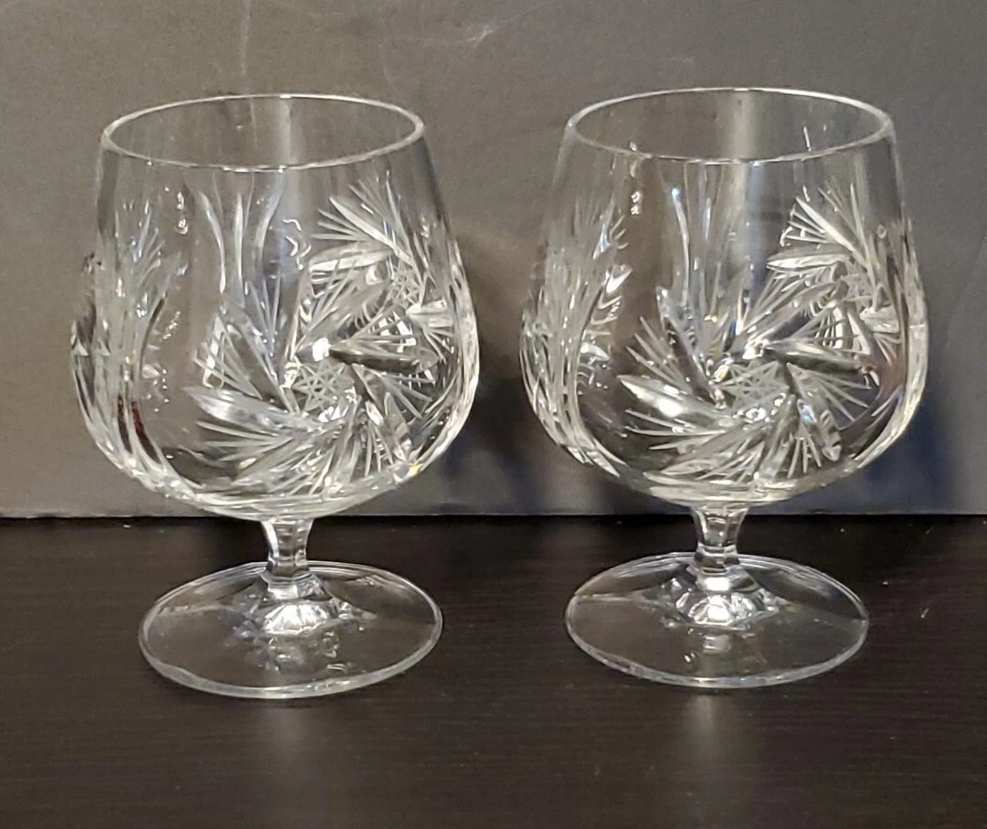 PIN WHEEL Crystal Cut set of 2 Brandy Glasses Fine Cut 24% Pbo