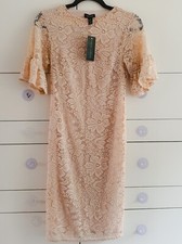 NEW LOOK Nude/Blush Pink Lace Bodycon Dress - UK 10 EU 38 - Ruffle Sleeves - NWT