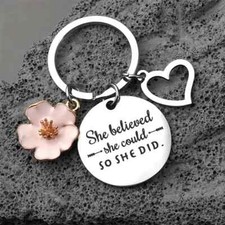 Pink Petal Flower Heart Keychain Pendant Bag Car Backpack Key Chain Ring Silvery