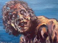 The Fly- Jeff Goldblum, David Cronenberg, 6x8in painting- artist Nick Mears