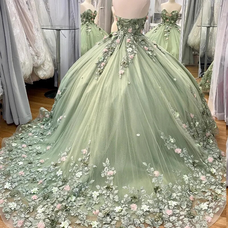 Green Shiny Ball Gown Dresses Sweetheart 3D Floral Beads Brithday