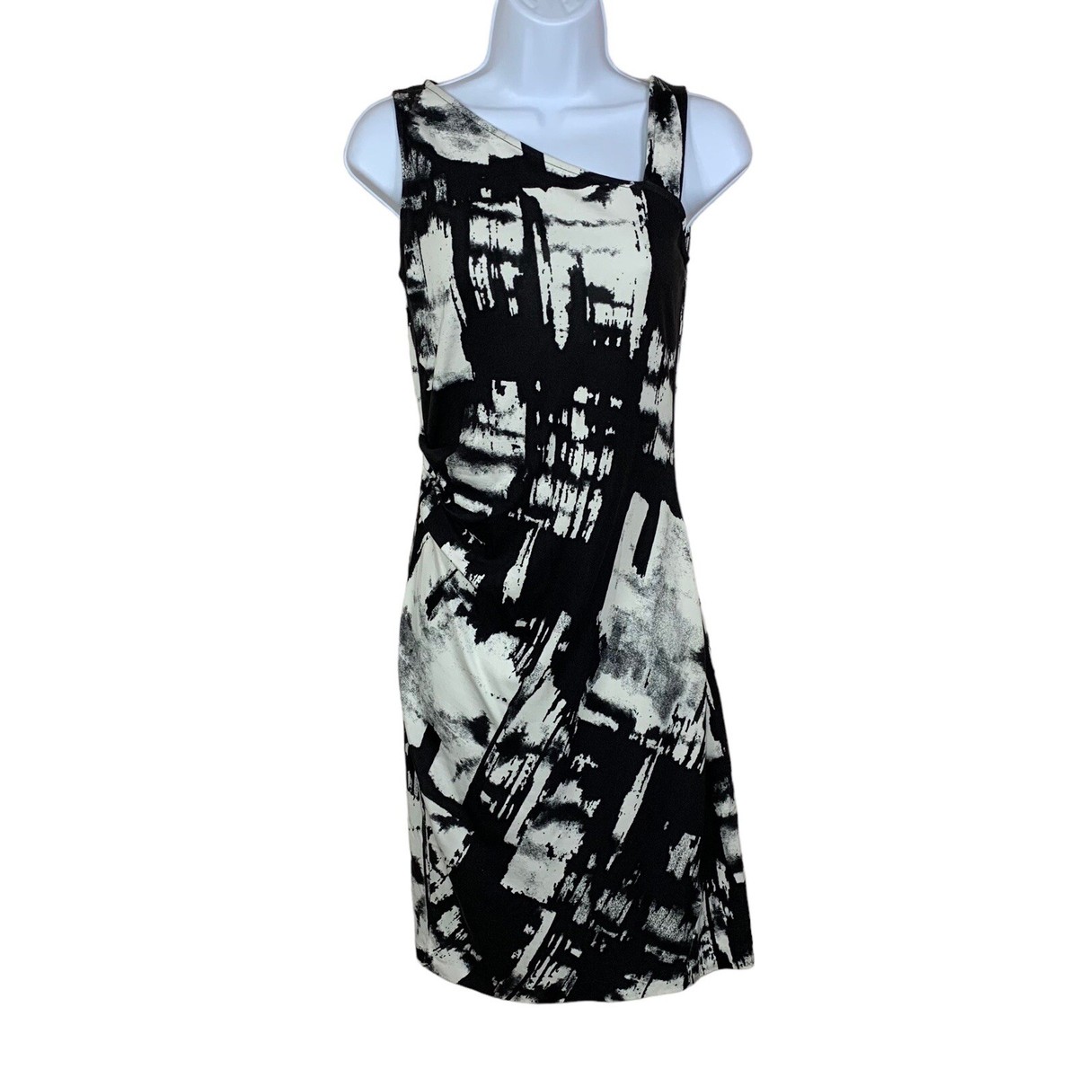 dkny black white dress DKNY Designer Mini Dress White and Black Floaty Summer Plus UK Size 16 US 12 Gold Branded Zip
