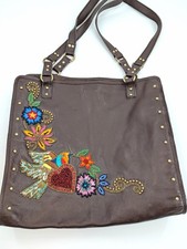 Mary Frances Brown Leather Beaded Embroidered Floral Heart Large Tote Zip