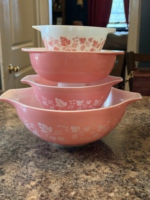 Vintage Pyrex Pink Gooseberry Cinderella Mixing Bowl Set of 3 + Pink Casserole
