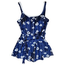 Vintage 1980s Union Made One Piece Swim Dress Padded Mod Floral Pattern Size 16