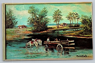 1966 Morris Katz Oil Painting Postcard Rustic Horse Wagon Landscape