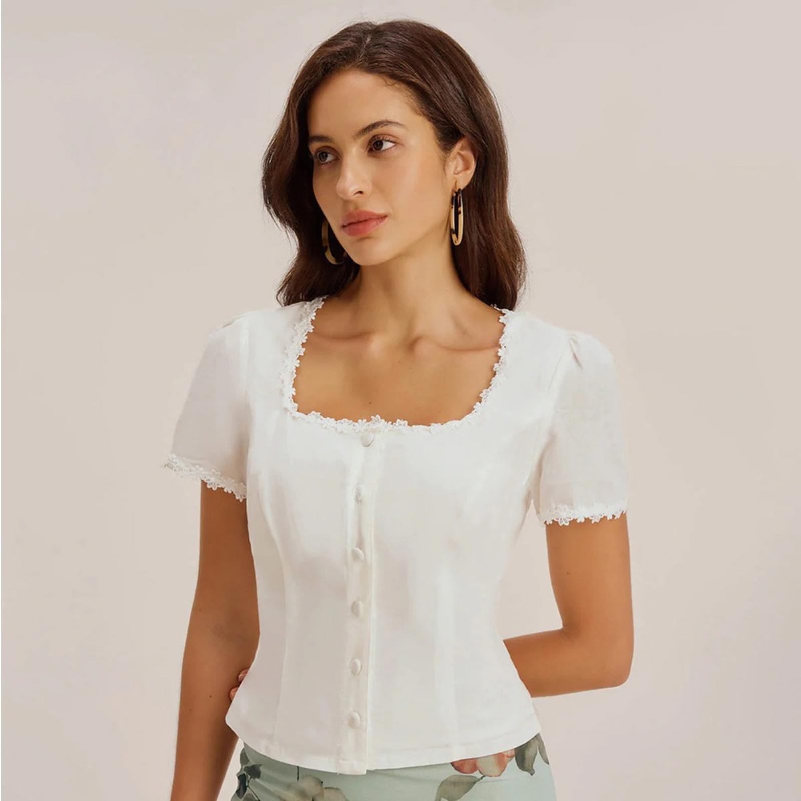 RIHOAS White Square Neck Lace Button-Up Blouse in XS Size