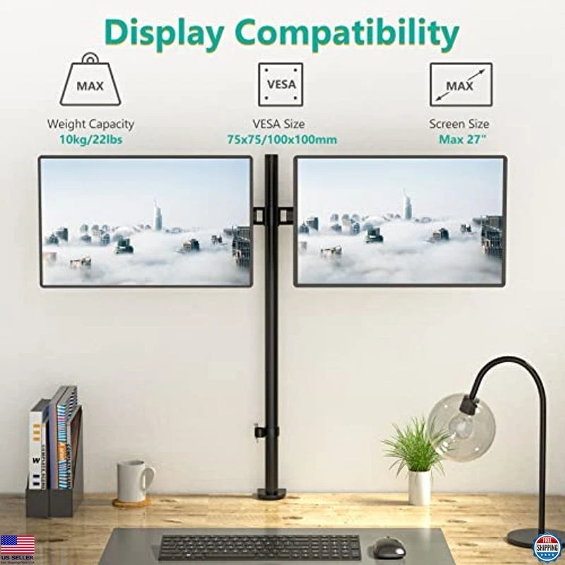 Extra Tall Dual LCD Monitor Desk Mount for 2 Screens up to 27", 22 lbs/Arm - Image 2 of 4