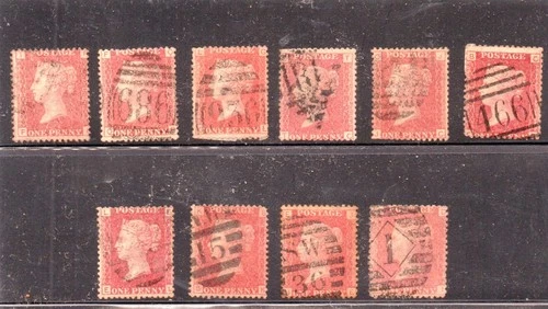 GB 1864 1d reds plates 189-198 good used