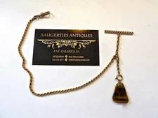 Antique 12" Bright Cut 10k Watch Chain with Tiger Eye Watch Fob 12.8 Grams