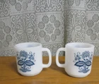 Set of 2 Vintage Glasbake Blue Onion Flower Coffee T Mug White Milk Glass