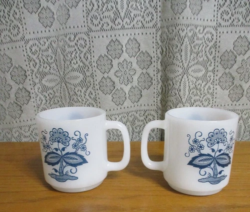 Set of 2 Vintage Glasbake Blue Onion Flower Coffee T Mug White Milk Glass