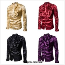 Men Faux Silk Satin Ruffle Shirt Tops Long Sleeve Fancy Clothes Victorian Retro