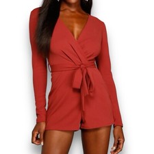 Windsor Brick Red Romper Dress Long Sleeve Faux Wrap Belted Waist Shorts V-neck
