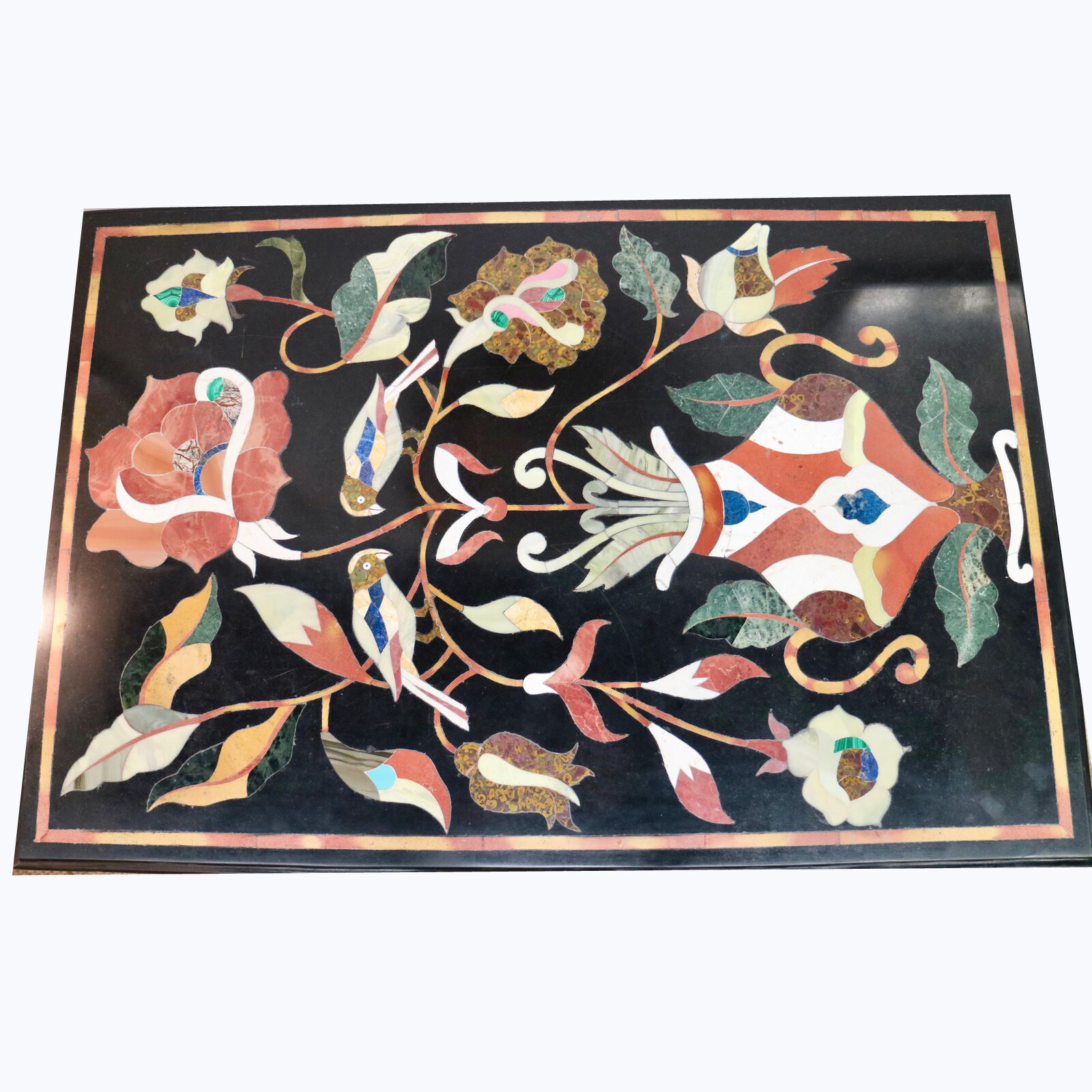 36x24 Black Table Top with Multi-Stone Marquetry Handcrafted Design