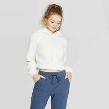 Colsie Women s Cozy Sherpa Hooded Lounge Cropped Sweatshirt - White/Cream XL
