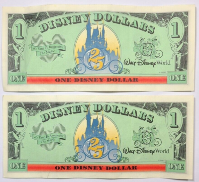 2) 1997 Disney Dollar $1 Sorcerer Mickey Mouse 25th Anniversary