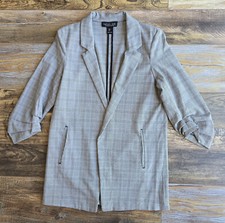Rachel Zoe Houndstooth Check Open-Front Blazer 3/4 Ruched Sleeve Grey Women's L