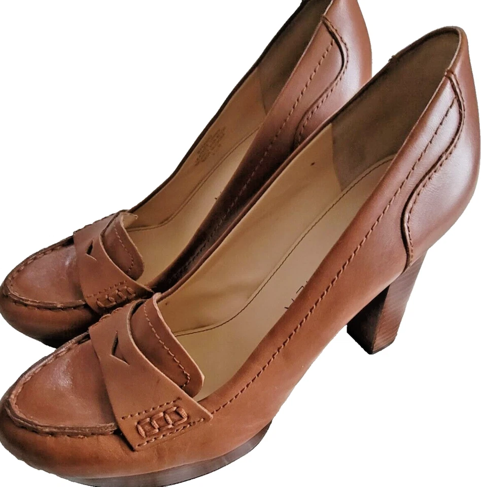 Marc Fisher Elegantes Mocasines Penny de Cuero Marrón con Tacón Bloque Resistente, Talla 8.5 Foto 2 de 4