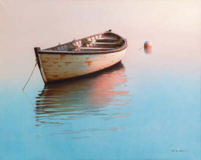 White Boat Reflection by Zhen-Huan Lu Art Print Coastal Ocean Seascape 13x19