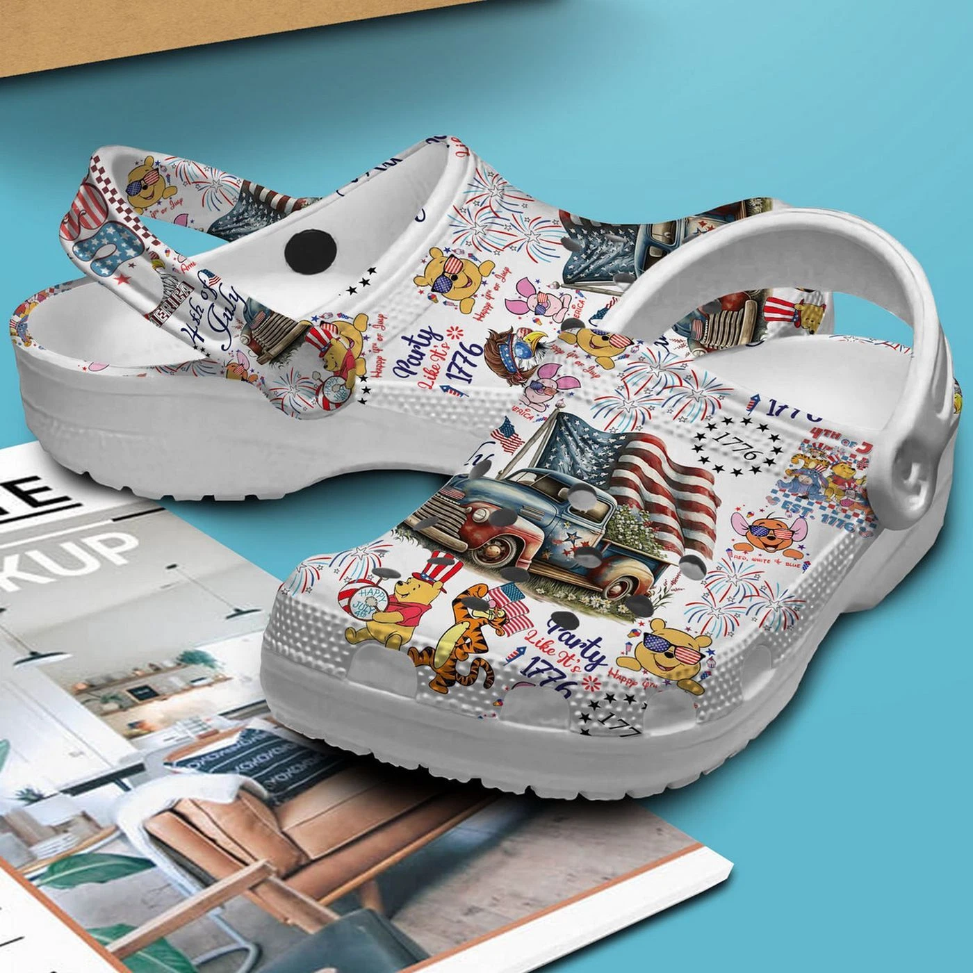 Winnie The Pooh And Frieds On USA Independence Day White Clogs For Kids And Adut