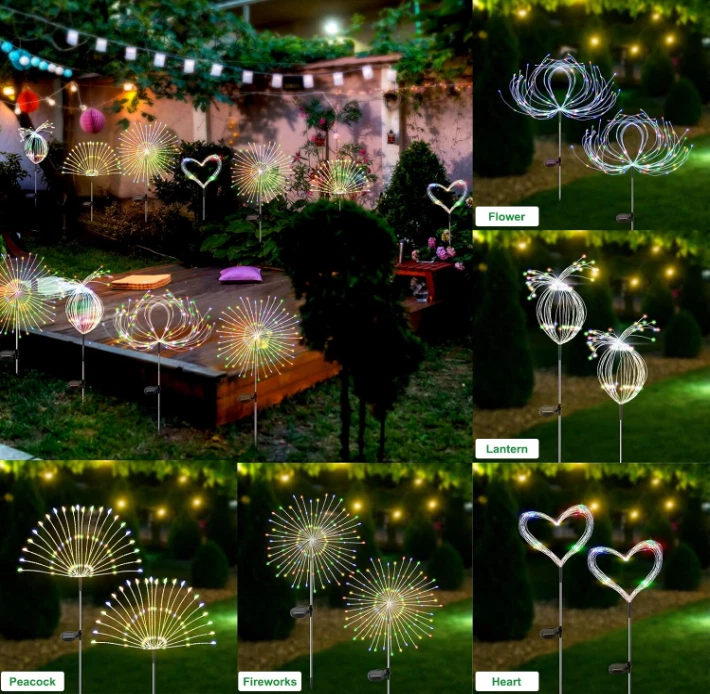 Luces solares jardín 2 peças 120 LED fuegos artificiais impermeáveis multicolor - Imagem 4 de 4
