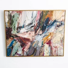 Mid Century Modern Oil Painting Abstract Expressionism Tan Red Yellow Signed