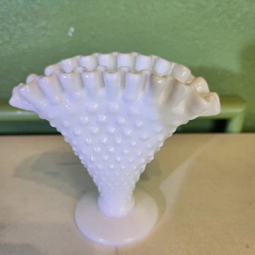 Vintage Fenton Hobnail White Milk Glass Fan Vase 4" Ruffled Crimped Rim