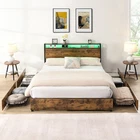 Full Size Bed Frame w/ 4 Storage cabinets Headboard &Charging Station LED Light