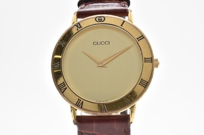 GUCCI 3000.2.M Vintage Men's Quartz Watch Gold Dial Brown Belt