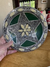 Decorative Moroccan Ceramic Dish With Intricate Nickel Silver Pattern