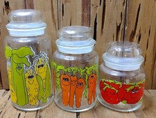 Vtg Anchor Hocking Hildi Anthropomorphic Glass Canisters Corn Carrots Tomatoes