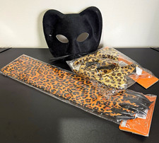 Cat Costume Half Mask Set w/ Ears Tail Gloves Bowtie, Elastic Band, One Size