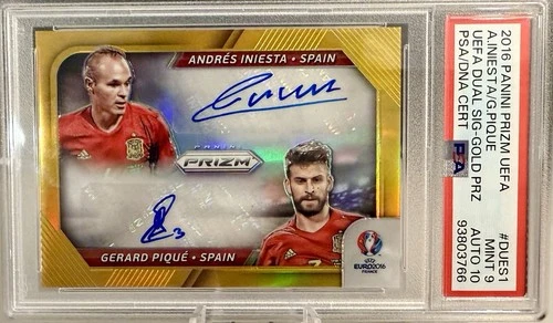 2016 Panini Prizm UEFA Euro Dual Signatures Gold A. Iniesta G. Pique PSA 9 / 10