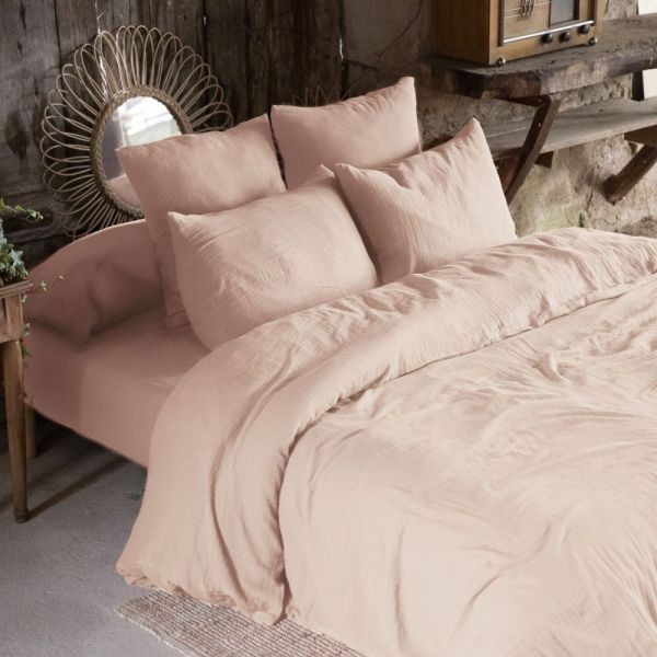 Housse de couette gaze de coton 140x200 cm Gaïa guimauve, parure sans repassage hypoallergénique