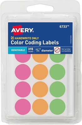 4 Pack Avery Color-Coding Labels, 0.75in, Removable, Neon 6733, 315 Ct