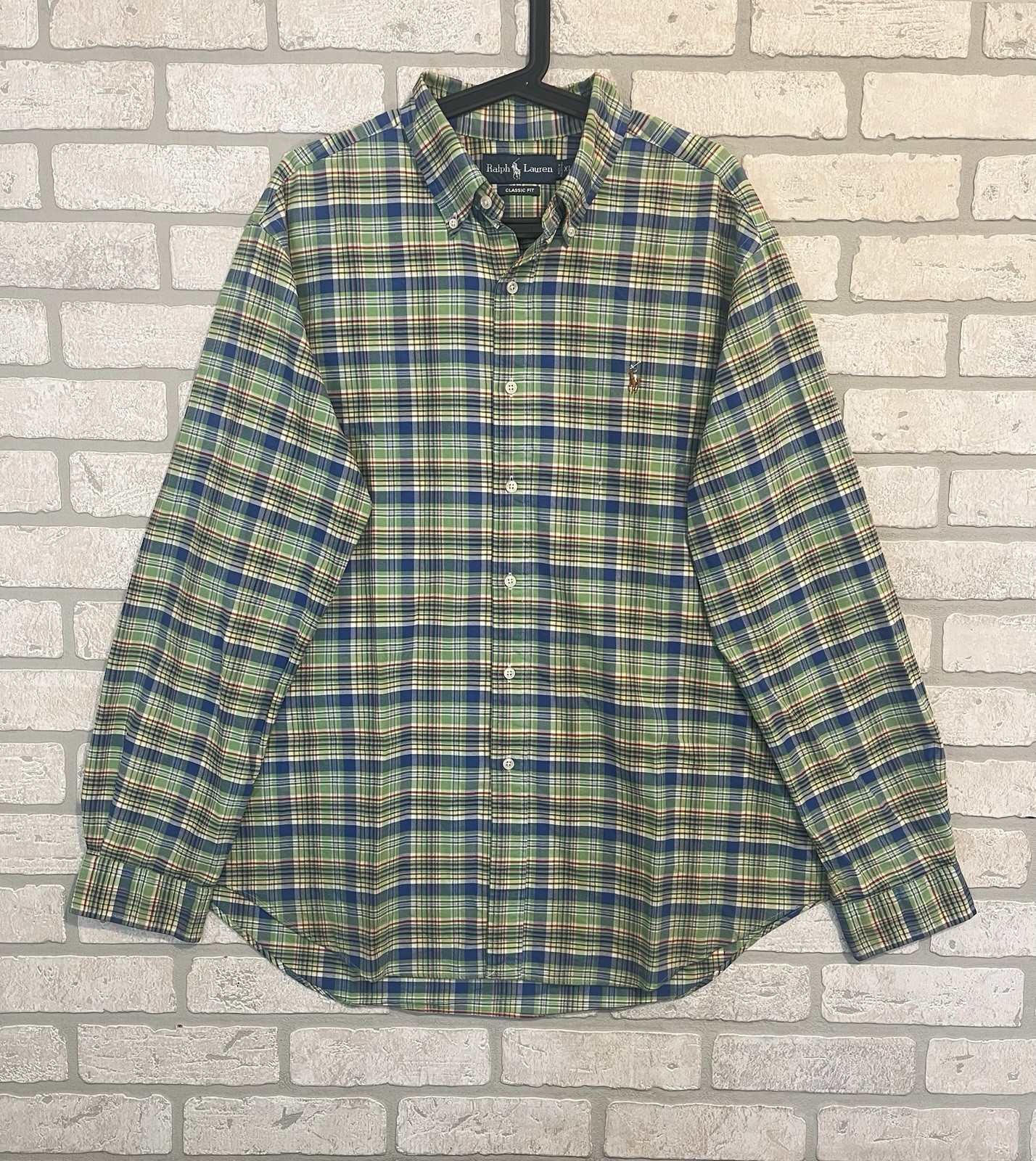 Polo Ralph Lauren uomo XL verde e blu a quadri manica lunga camicia con bottoni pony