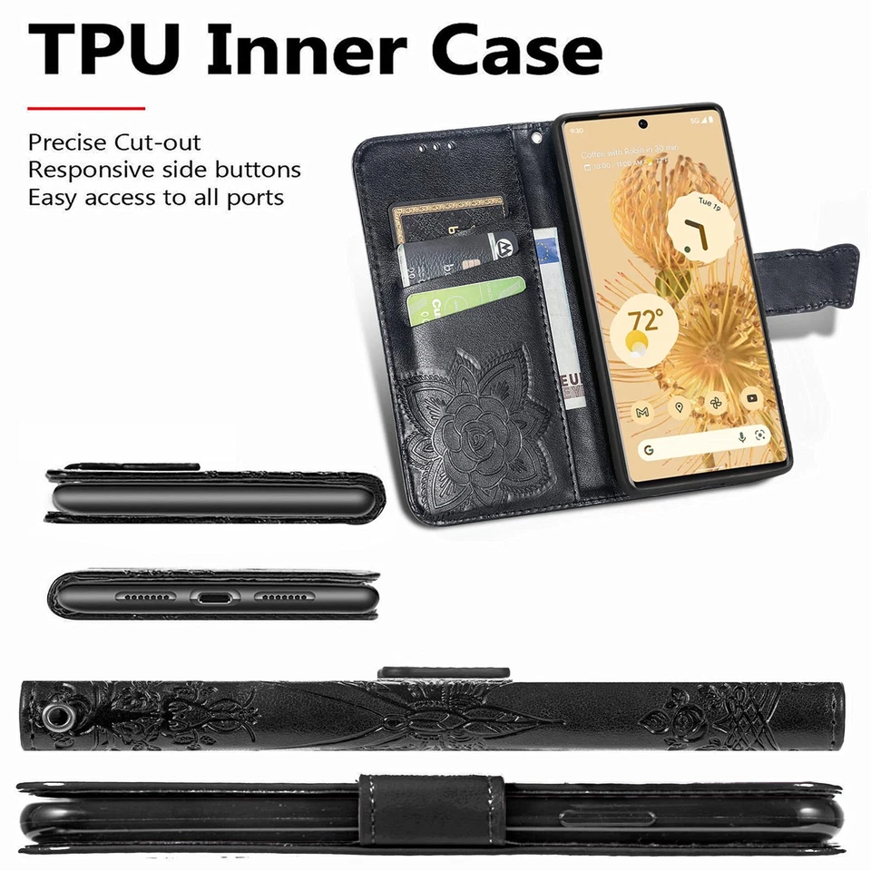 For Google Pixel 9A/9 Pro XL/8A/7 Pro/6 Flip Wallet PU Leather Butterfly Case - Image 3 of 4