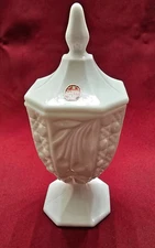 LE SMITH #1848 Fruit Motif Footed Milk Glass Candy Dish with Lid