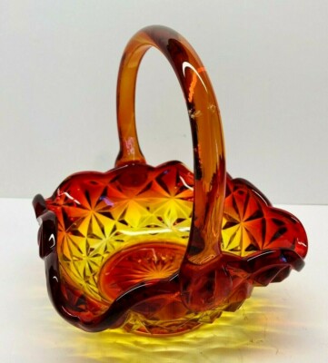  Vintage Indiana Glass Tiara Sunset Amberina Glass Basket Candy Bowl