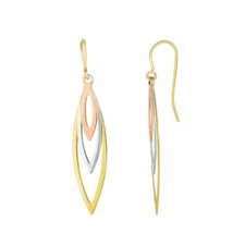 Tri Color Gold Triple Dangling Earring Leaf Shape Design 10k Ear Wire Backs 37mm