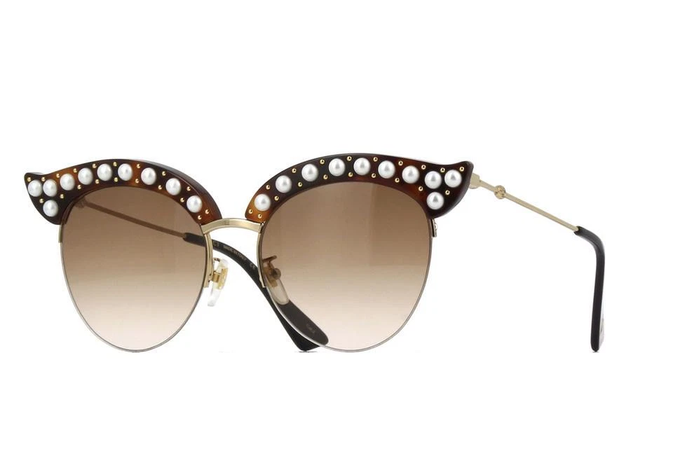 NWT GUCCI GG0212S Cat eye acetate sunglasses with pearls Havana Gold Brown Gradi