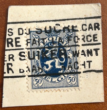 Belgium Heraldic Lion Belgie Belgique 50c 1930 Vintage Dull Blue Stamp On Paper