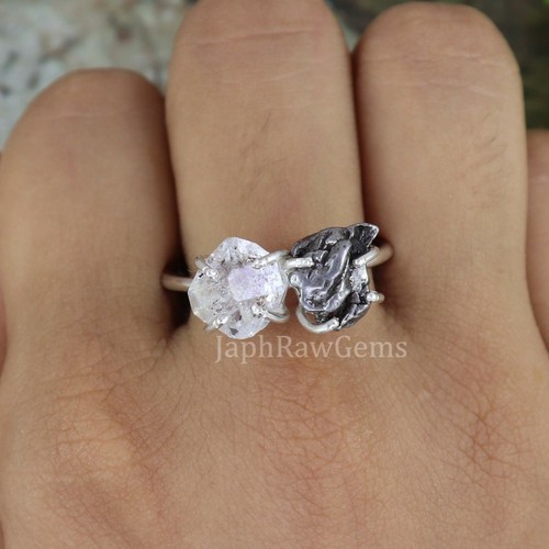 Raw Herkimer Diamond Quartz Sterling Silver Healing Crystal Uncut Gemstone Ring - Picture 2 of 6