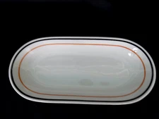 O. P. CO. Syracuse China Restaurant Ware White Oval Relish Dish Gold Black Bands