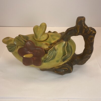Kitschy Teapot Handmade Pottery 3D Ceramic Green Kitchen Cottage Farm Aladdin