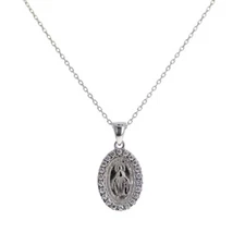 Miraculous Mary, Sterling Silver, Fancy Medallion Necklace with CZ Border, Chain