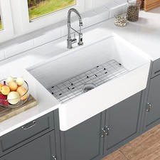 33'' Large Fireclay Apron-Front Farmhouse Kitchen Sink W/ Strainer Drain  Grid